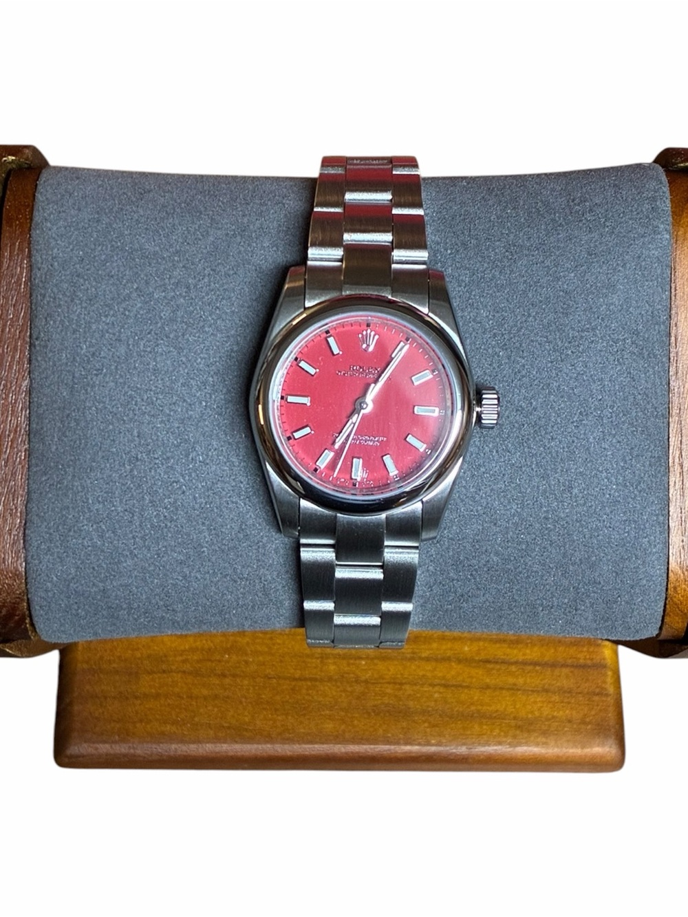 🌟R0LEX OYSTER PERPETUAL Womens 31mm RED Silver-Tone Watch